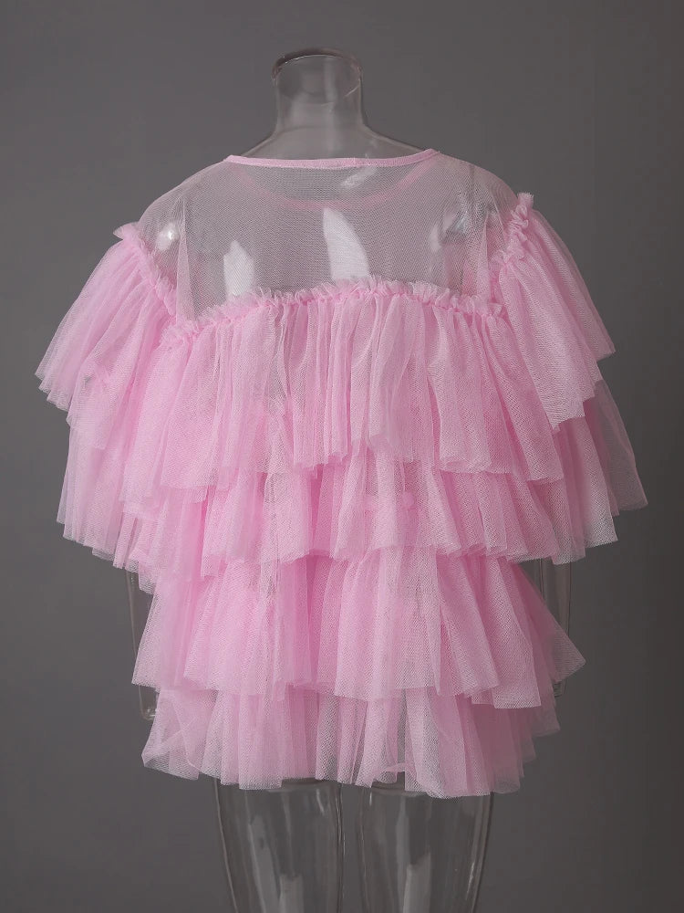 Mesh T-shirt Cake Half-body Skirt Two Pieces Suit New Round Neck Short Sleeve Women Fashion Spring Summer 2025 CPG3209