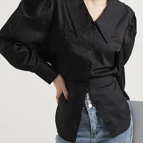 Load image into Gallery viewer, Solid Hollow Out Blouses For Women Lapel Long Sleeve Patchwork Single Breasted Design Blouse Female Fashion Clothes
