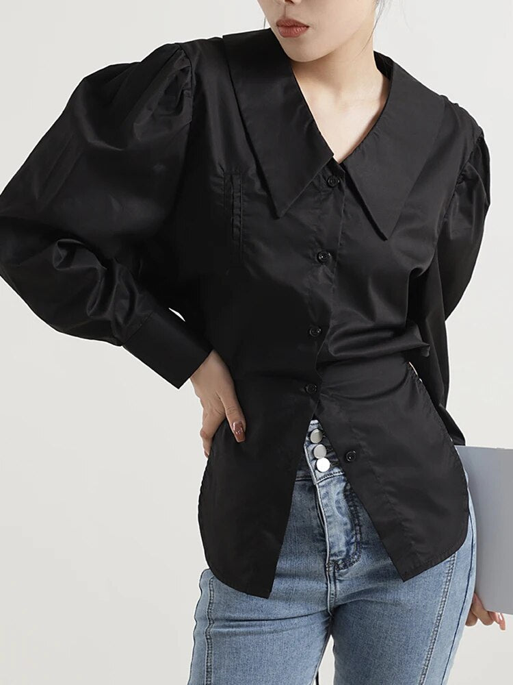 Solid Hollow Out Blouses For Women Lapel Long Sleeve Patchwork Single Breasted Design Blouse Female Fashion Clothes