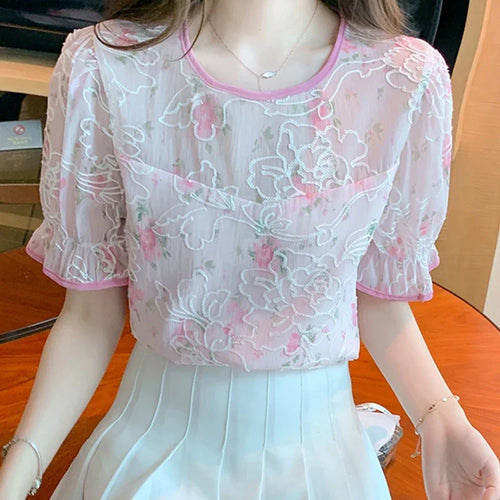 Load image into Gallery viewer, Printed Lace Summer New Women’s Blouses Embroidery O-neck Puff Sleeve Female Blouse Elegant Fashion Streetwear Outfits
