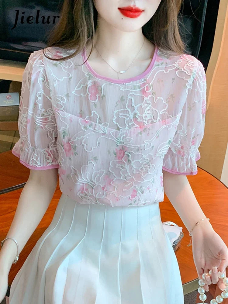 Printed Lace Summer New Women’s Blouses Embroidery O-neck Puff Sleeve Female Blouse Elegant Fashion Streetwear Outfits