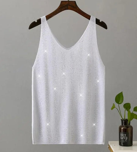 Women Summer Solid Diamond V Neck Loose Backless Short Knitted Slip Tanks Fashion Casual Sleeveless Ladies Vest Tops Vacation