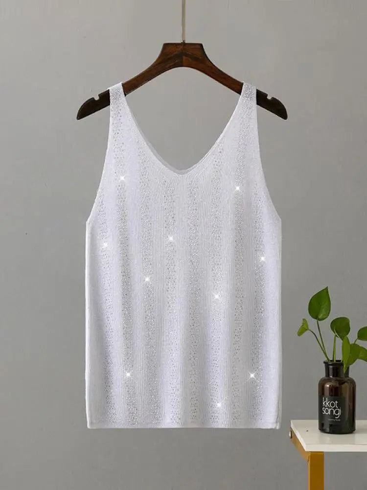 Women Summer Solid Diamond V Neck Loose Backless Short Knitted Slip Tanks Fashion Casual Sleeveless Ladies Vest Tops Vacation