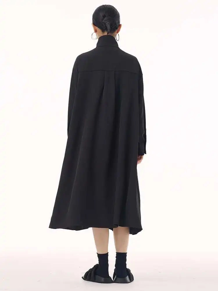 Women Army Green Patch Drawstring Big Size Midi Dress New Stand Collar Long Sleeve Fashion Tide Spring Autumn 2025 1DH9211