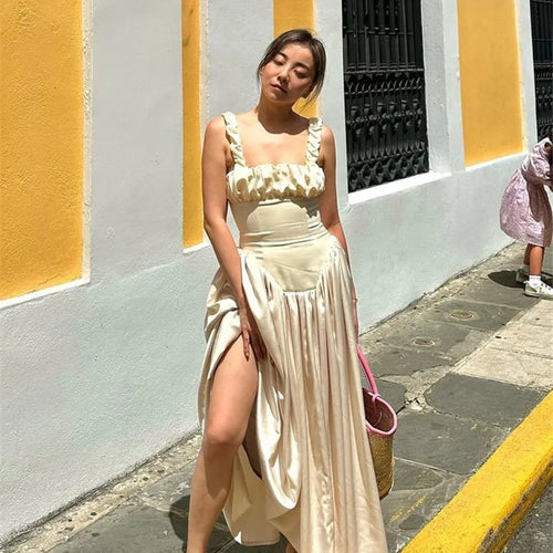 Load image into Gallery viewer, Elegant Satin Backless Midi Dress For Women High Quality Sundress Fashion Square Collar Sleeveless Loose Pleated Dress
