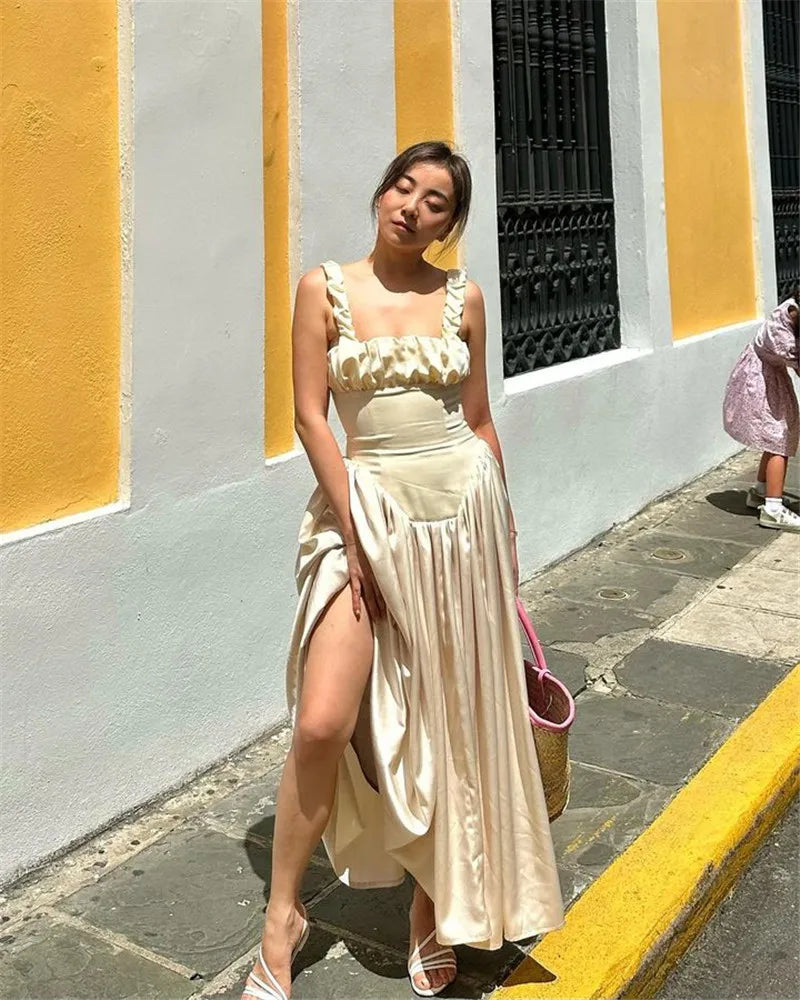 Elegant Satin Backless Midi Dress For Women High Quality Sundress Fashion Square Collar Sleeveless Loose Pleated Dress