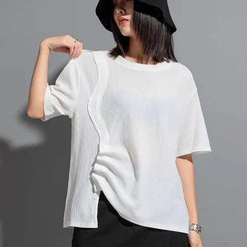 Load image into Gallery viewer, Women White Irregular Pleated Big Size Casual T-shirt New Round Neck Short Sleeve Fashion Tide Spring Summer 2025 1DF8661
