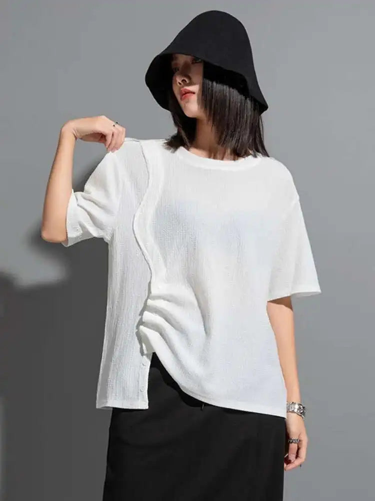Women White Irregular Pleated Big Size Casual T-shirt New Round Neck Short Sleeve Fashion Tide Spring Summer 2025 1DF8661