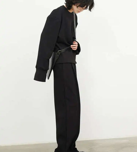 Wide Leg Pants Big Size Two Piece Suit New Round Neck Long Sleeve Black Loose Fit Women Fashion Spring Autumn 2025 1DF7084