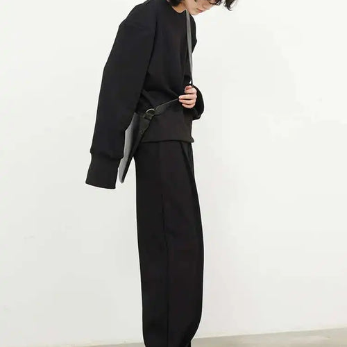 Load image into Gallery viewer, Wide Leg Pants Big Size Two Piece Suit New Round Neck Long Sleeve Black Loose Fit Women Fashion Spring Autumn 2025 1DF7084
