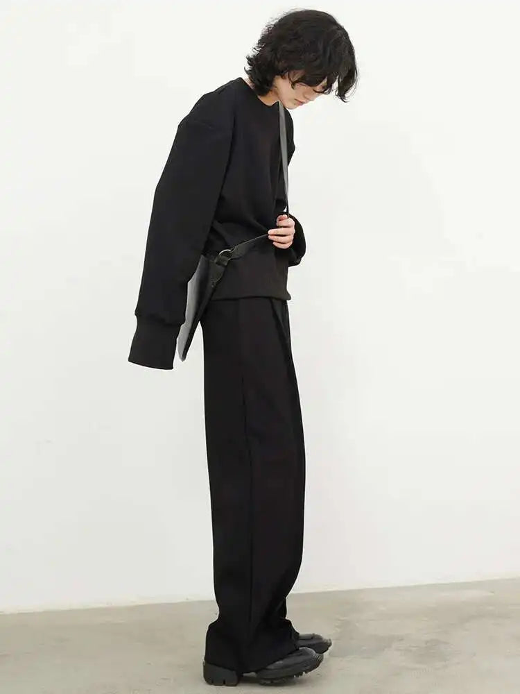 Wide Leg Pants Big Size Two Piece Suit New Round Neck Long Sleeve Black Loose Fit Women Fashion Spring Autumn 2025 1DF7084