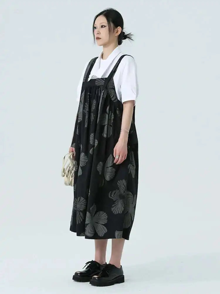 Women Black Pattern Printed Big Size Strap Dress New Square Collar Sleeveless Fashion Tide Spring Autumn 2025 1DH4956