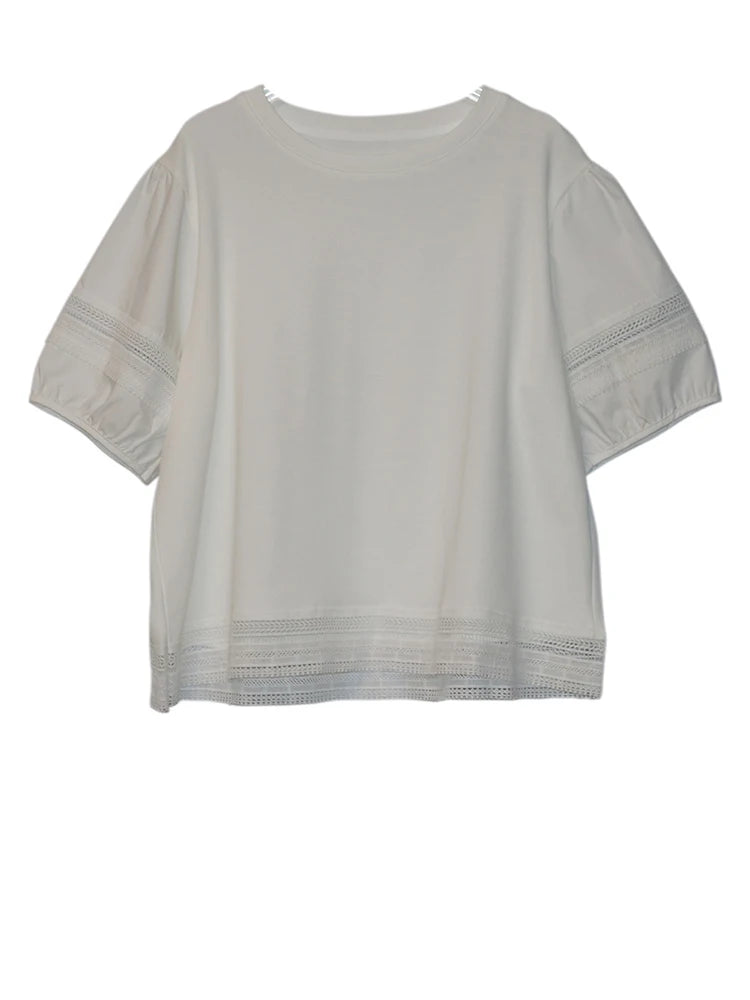 Women Black Lace Hollow Out Big Size Casual T-shirt New Round Neck Short Sleeve Fashion Tide Spring Summer 2025 1DJ1136