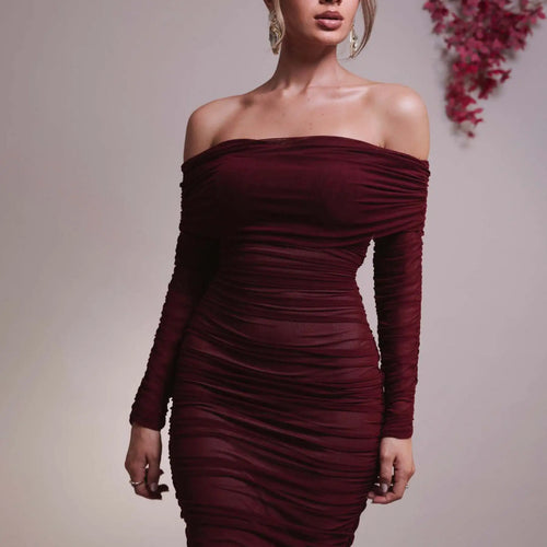 Load image into Gallery viewer, Elegant One Shoulder Mesh Patchwork Long Sleeve Party Evening Dress Women Sexy Bodycon Vestdos Autumn/Winter Clothing
