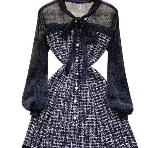 Load image into Gallery viewer, Autumn 2024 New Black Mesh Patchwork Plaid Elegant Long Sleeve Slim Bow Dress Women Gray Temperament Single Breasted Midi Dress
