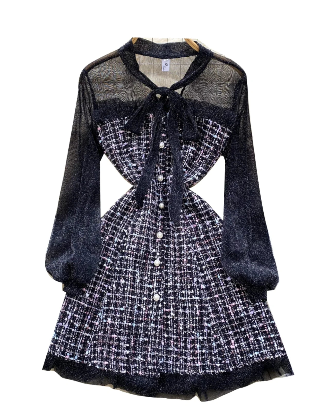 Autumn 2024 New Black Mesh Patchwork Plaid Elegant Long Sleeve Slim Bow Dress Women Gray Temperament Single Breasted Midi Dress