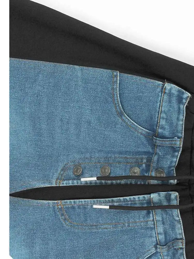 High Elastic Waist Black Denim Color-block Drawstring Half-body Skirt Women Fashion Tide New Spring Autumn 2025 1DJ0084