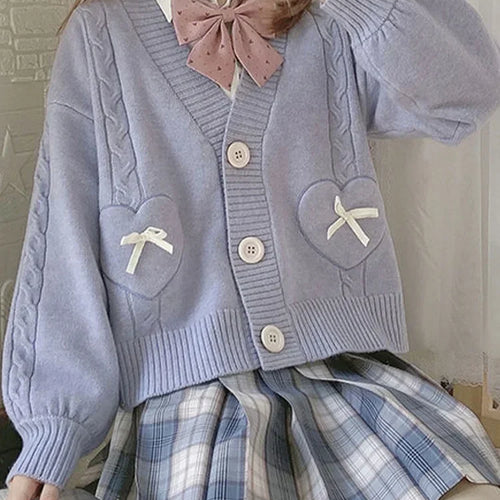 Load image into Gallery viewer, Japanese Kawaii Knitted Cardigan Women Heart Bow Pockets Cute Sweater Coat JK Girl Sweet Loose V-neck Kardigan Damski
