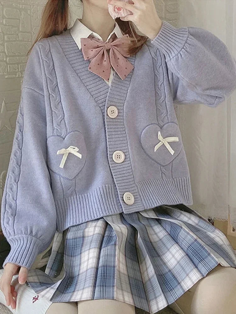 Japanese Kawaii Knitted Cardigan Women Heart Bow Pockets Cute Sweater Coat JK Girl Sweet Loose V-neck Kardigan Damski