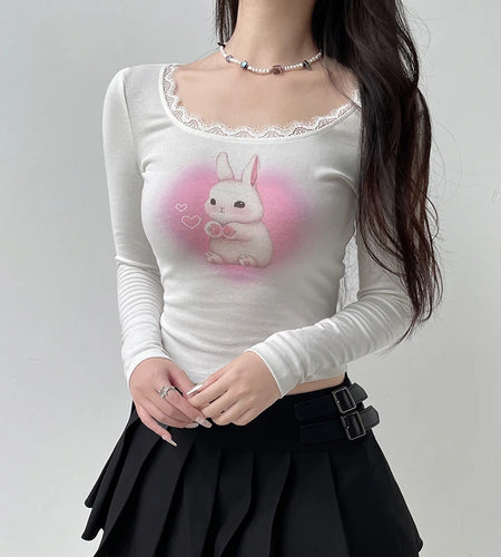 Cutecore Sweet Lace Trim Women Tee Shirts Slim Rabbit Printed Coquette Clothes Korean Autumn T shirt Top Crop Outfits