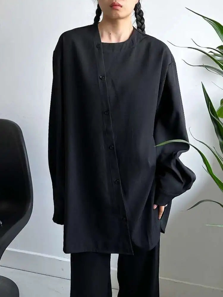 Women Black Irregular Button Elegant Big Size Blouse New Round Neck Long Sleeve Shirt Fashion Spring Autumn 2025 1DH6986