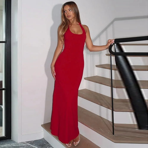 Load image into Gallery viewer, Halter Backless Sexy Maxi Dress Women Gown Summer New Solid U Neck Sleeveless High Waist Long Dress Elegant 2025
