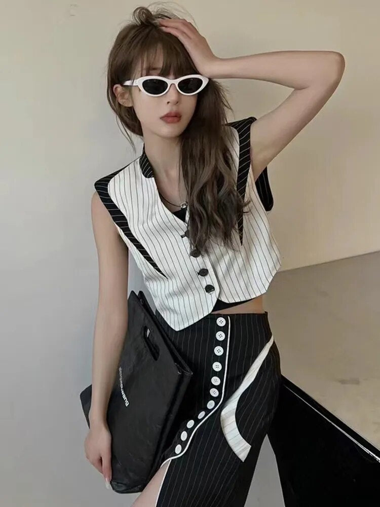Casual Striped Colorblock Tank Tops For Women V Neck Sleeveless Summer Vests Female Fashion Clothing Style
