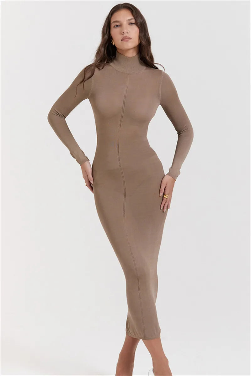 Turtleneck Backless Bodycon Midi Dress For Women New Autumn Winter Long Sleeve Club Party Sexy Long Dress Vestidos