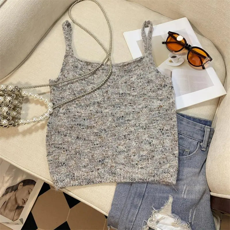 New Women's Green Sleeveless Backless Slip Tops Gray Backless Sleeveless Crochet Knitted Short Tank Top Summer Clothing Fashion