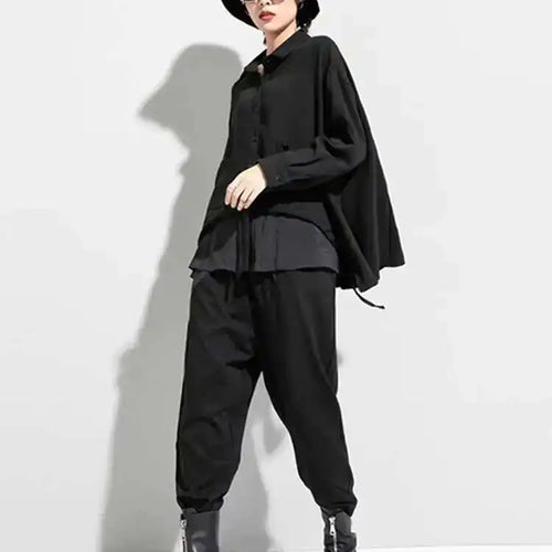 Load image into Gallery viewer, Women Drawstring Big Size Fake Two Blouse New Lapel Long Sleeve Loose Fit Shirt Fashion Tide Spring Autumn 2025 1DD0160
