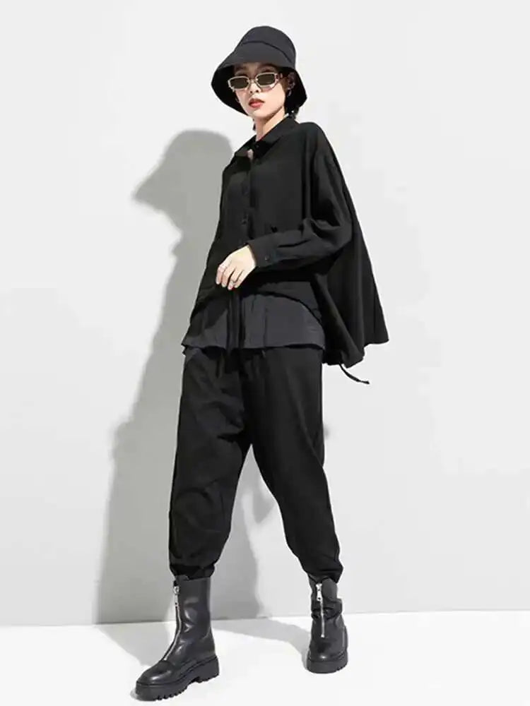Women Drawstring Big Size Fake Two Blouse New Lapel Long Sleeve Loose Fit Shirt Fashion Tide Spring Autumn 2025 1DD0160