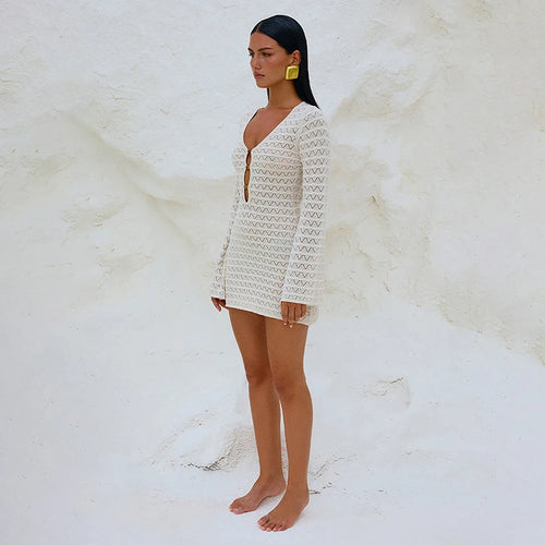 Load image into Gallery viewer, Sexy Knitted Beach Dress For Woman White Hollow Out Deep V Neck Long Sleeve High Waist A-line Knit Dress Knitwear
