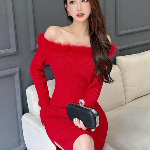 Load image into Gallery viewer, Women's Red Knitted Fur Neck Mini Dresses Female Autumn Winter Black Sexy Club Wrap Hip Versatile Pink Split Dress New 2023 Chic
