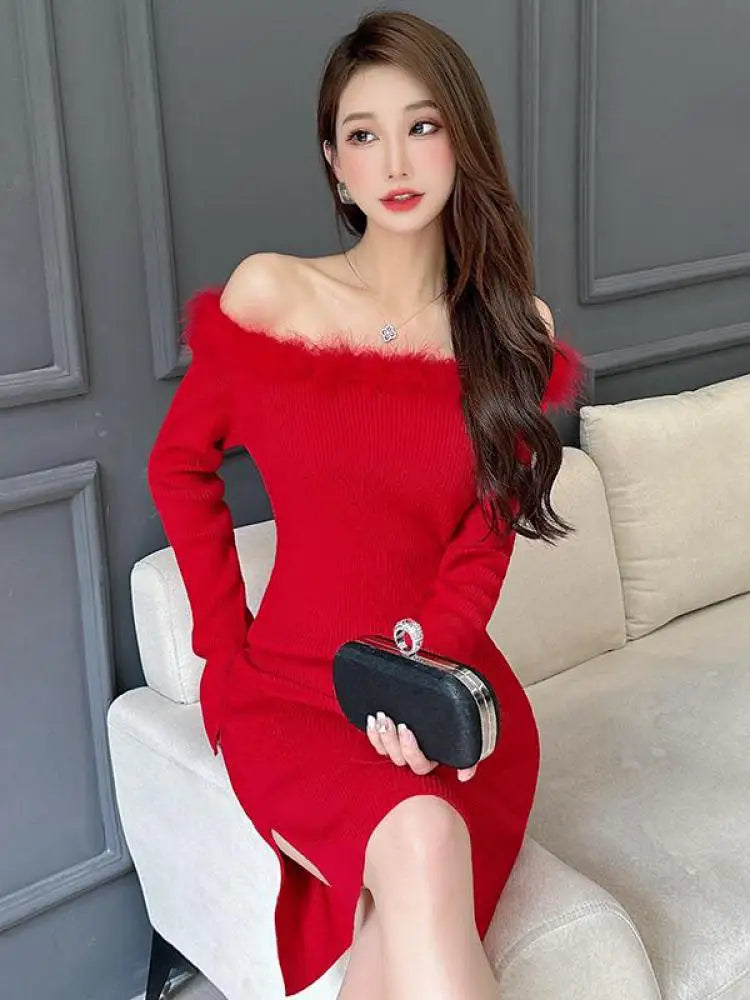 Women's Red Knitted Fur Neck Mini Dresses Female Autumn Winter Black Sexy Club Wrap Hip Versatile Pink Split Dress New 2023 Chic