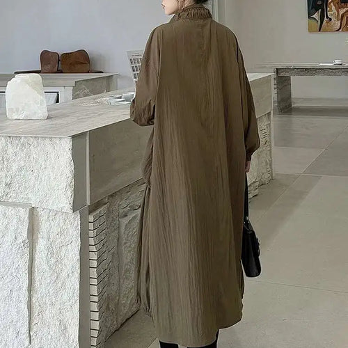 Load image into Gallery viewer, Women Khaki Pleated Big Size Casual Midi Dress New Stand Collar Long Sleeve Fashion Tide Spring Autumn 2025 1DH6824
