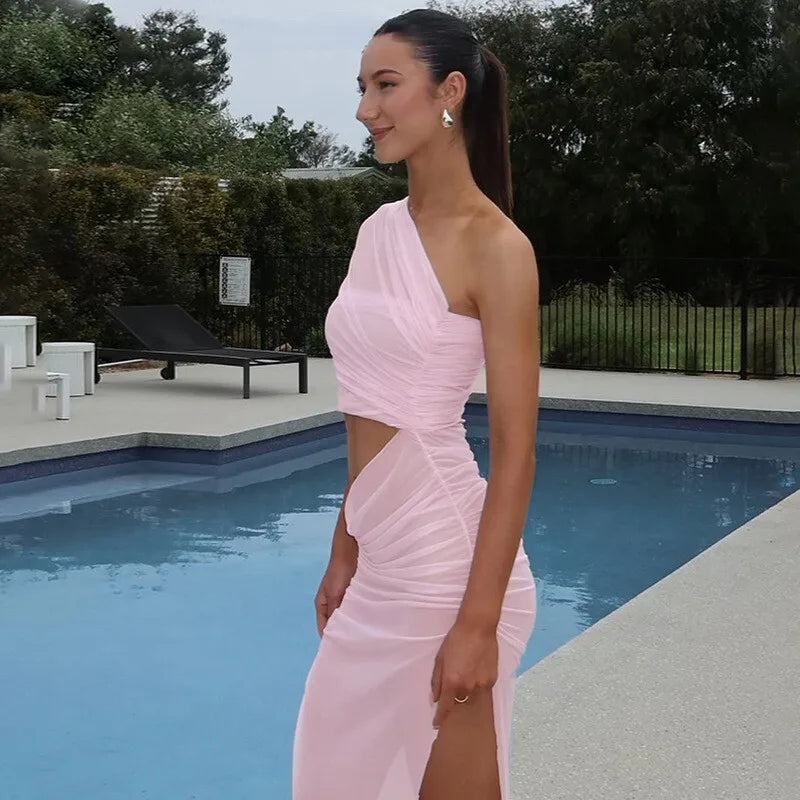 Mesh Hollow Out Backless Sexy Maxi Dress For Women Fashion One Sleeveless See Through Ruched Bodycon Club Long Dress