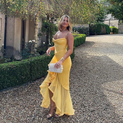 Load image into Gallery viewer, Irregular Mesh Party Dresses 2024 New Arrivals Spaghetti Strap Bodycon Dress Fashion Ruched Long Dress Women
