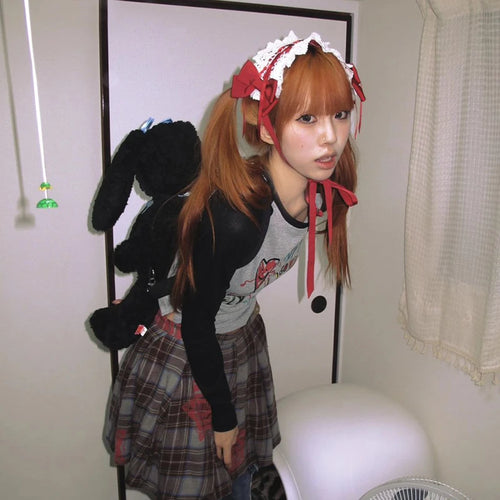 Load image into Gallery viewer, Japanese Y2k Graffiti Print T-shirt Trashy 2000s Style Long Sleeve Patchwork Tops Vintage Harajuku Crop Top American 90s
