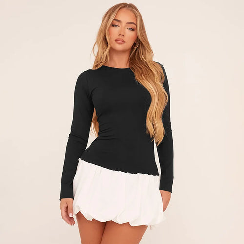 Load image into Gallery viewer, Patchwork Sexy Mini Dress For Women Autumn New Contrasting Color O Neck Long Sleeve High Waist A-line Sexy Dress
