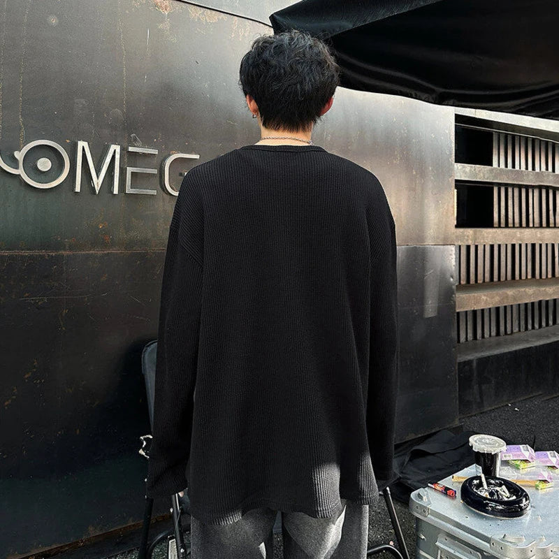 Men's Long Sleeve T-shirts New Korean Style Solid Color Trendy Button Design Pullover Loose Male O-neck Clothing 9W1760