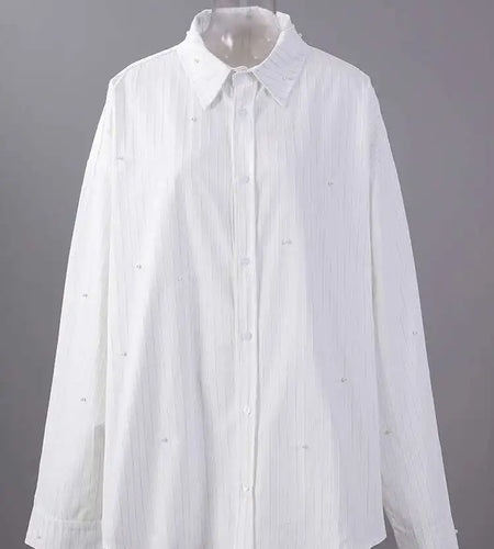 Women White Striped Pearl Big Size Elegant Blouse New Lapel Long Sleeve Shirt Fashion Tide Spring Autumn 2025 CPG2906