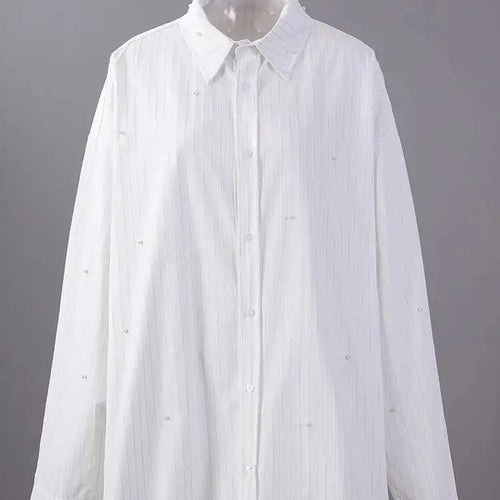 Load image into Gallery viewer, Women White Striped Pearl Big Size Elegant Blouse New Lapel Long Sleeve Shirt Fashion Tide Spring Autumn 2025 CPG2906
