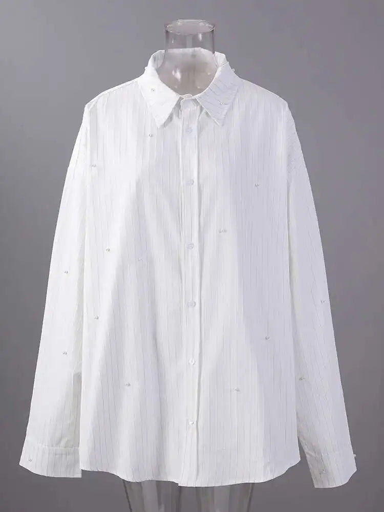 Women White Striped Pearl Big Size Elegant Blouse New Lapel Long Sleeve Shirt Fashion Tide Spring Autumn 2025 CPG2906