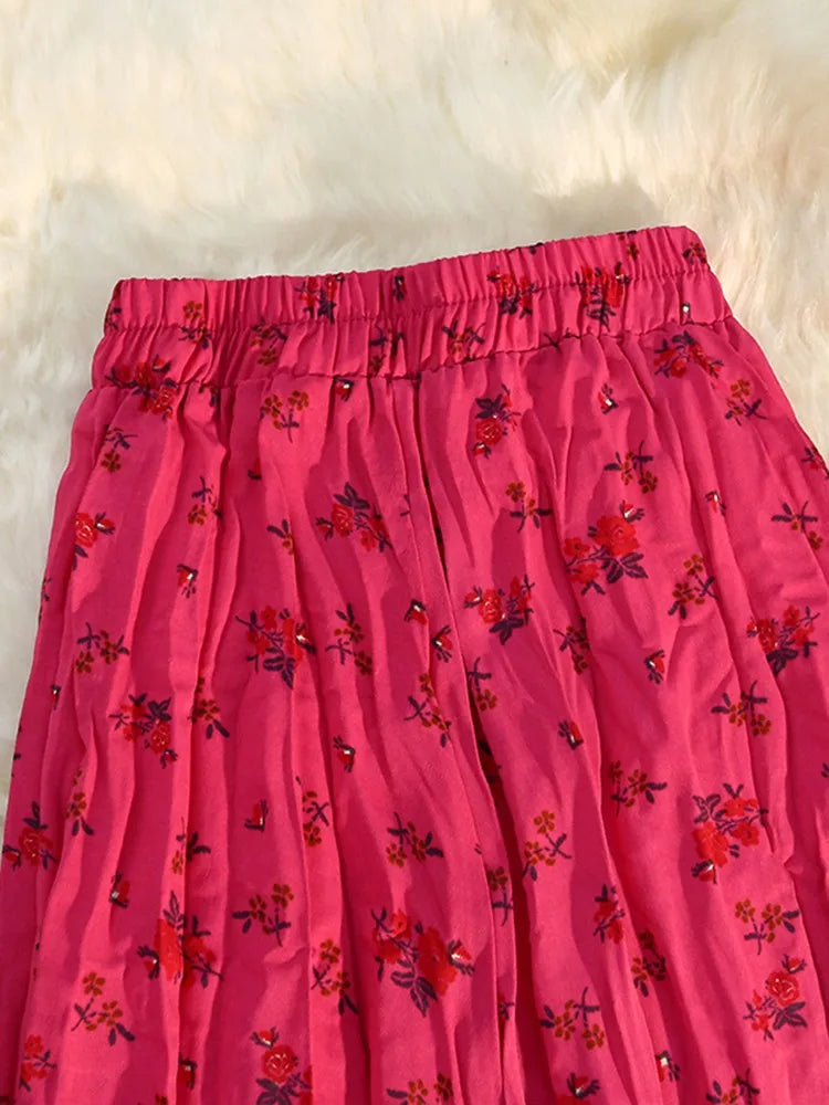 Vintage Floral Print Skirt Women's Summer Sweet Pleated Skirt Elastic High Waist A-line Fashion Plissee Skirts Elegant