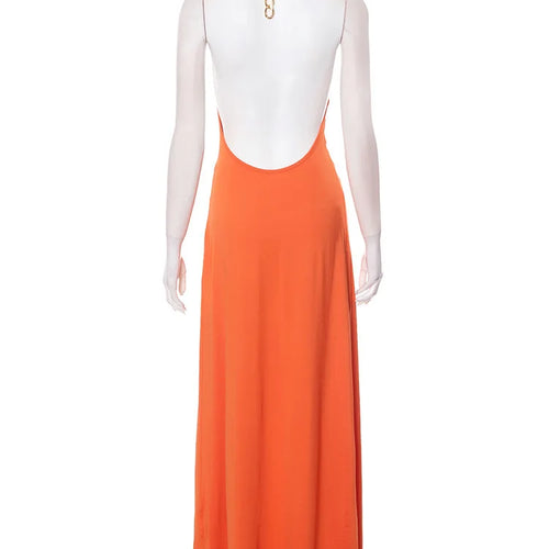 Load image into Gallery viewer, Metal Chain Halter Backless Sexy Maxi Dress Women Orange Off-shoulder Sleeveless Thigh High Split Club Long Dress
