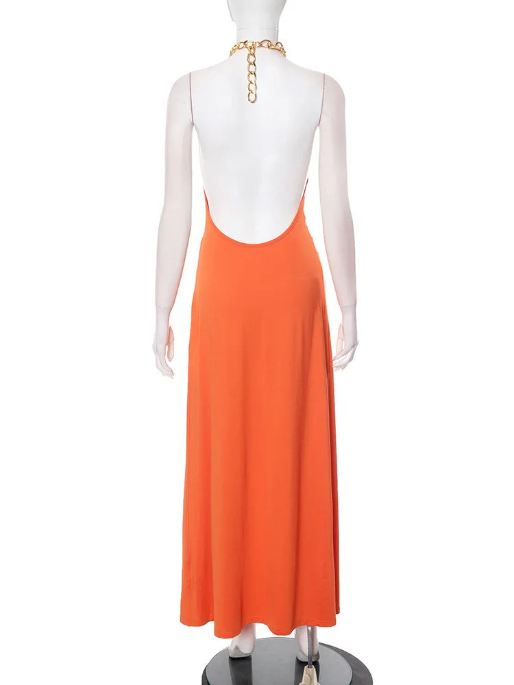 Metal Chain Halter Backless Sexy Maxi Dress Women Orange Off-shoulder Sleeveless Thigh High Split Club Long Dress