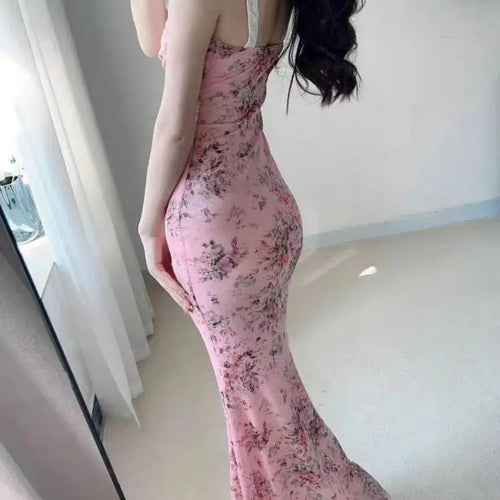 Load image into Gallery viewer, French Women Summer Pink Floral Backless Sleeveless Wrapped Hip Long Dress V Neck Ruffle Print Slim Vacation Slip Dress Bohemian
