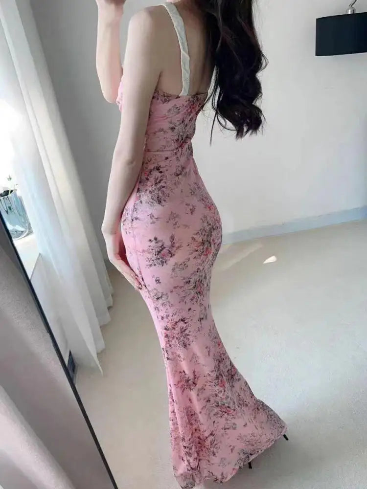 French Women Summer Pink Floral Backless Sleeveless Wrapped Hip Long Dress V Neck Ruffle Print Slim Vacation Slip Dress Bohemian
