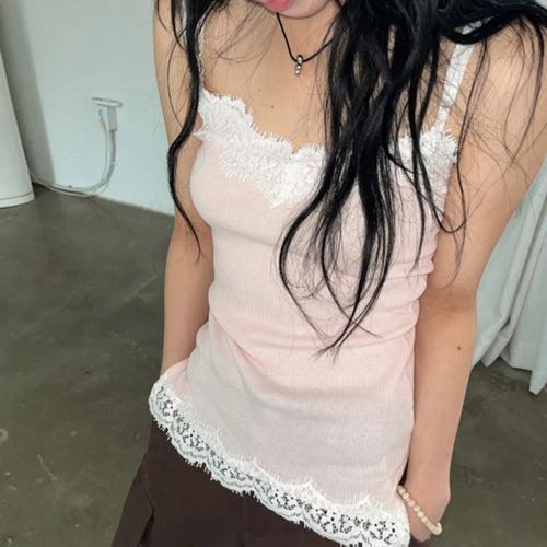 Load image into Gallery viewer, Strap Pink Knit Summer Camis Tops Sweet Y2K Aesthetic Lace Spliced Slim Women Top Sleeveless Coquette Clothes Tanks
