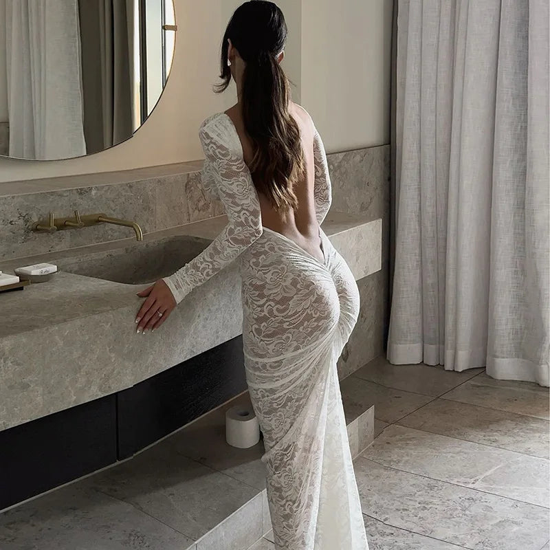 Lace Backless Sexy Maxi Dress For Women Gown Fashion Solid O Neck Long Sleeve Ruched Bodycon Club Long Dress Vestido